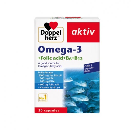 Dầu cá Doppelherz Aktiv Omega-3 + Folic acid + B6 + B12 bổ não hộp 30 viên