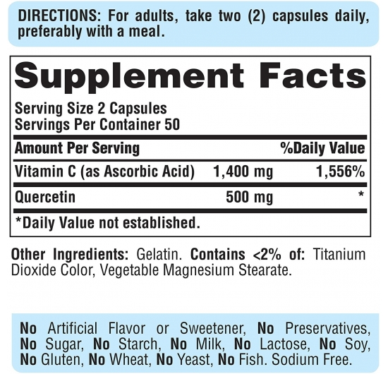 Quercetin Dihydrate Plus Vitamin C 1400 Mg, Supports a Healthy Immune System, 100 Count by Puritan's Pride